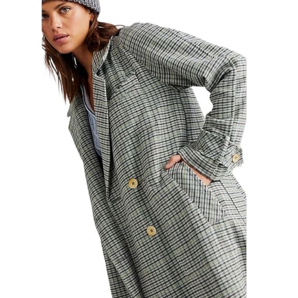 Free People Liberty Wool Duster Coat S Earthy Plaid Raw Edge City To Cabin NWOT - Picture 2 of 14